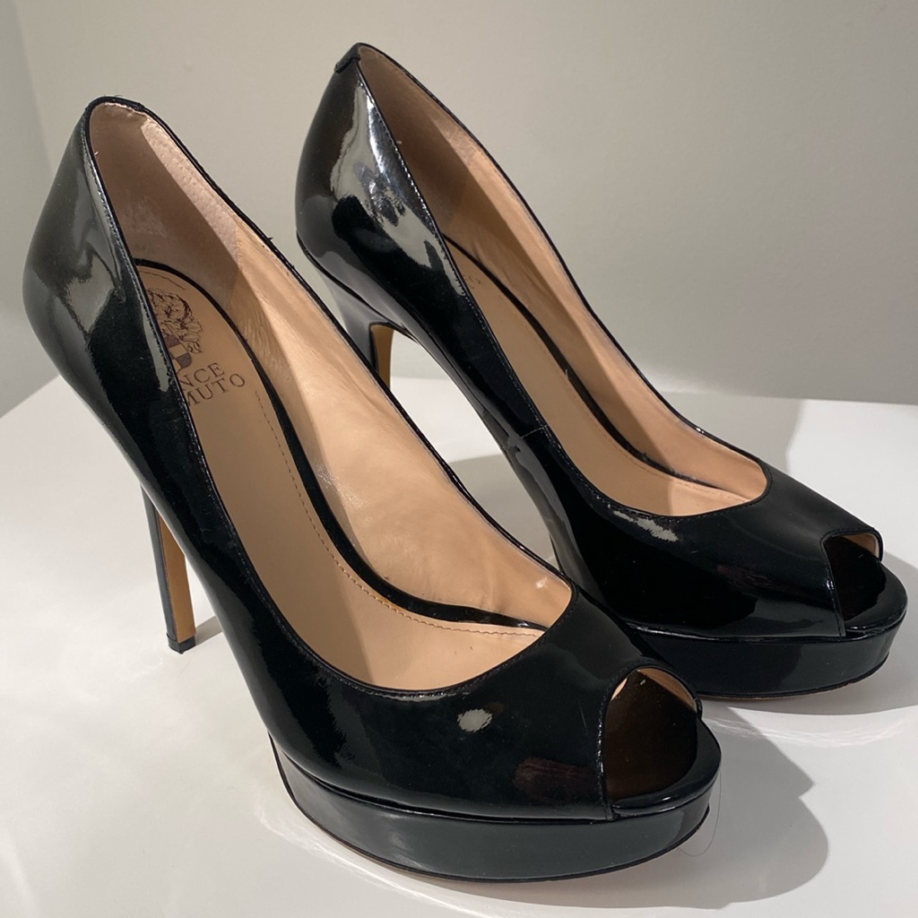 Vince Camuto Black Patent Leather Peep Toe Platform Pumps